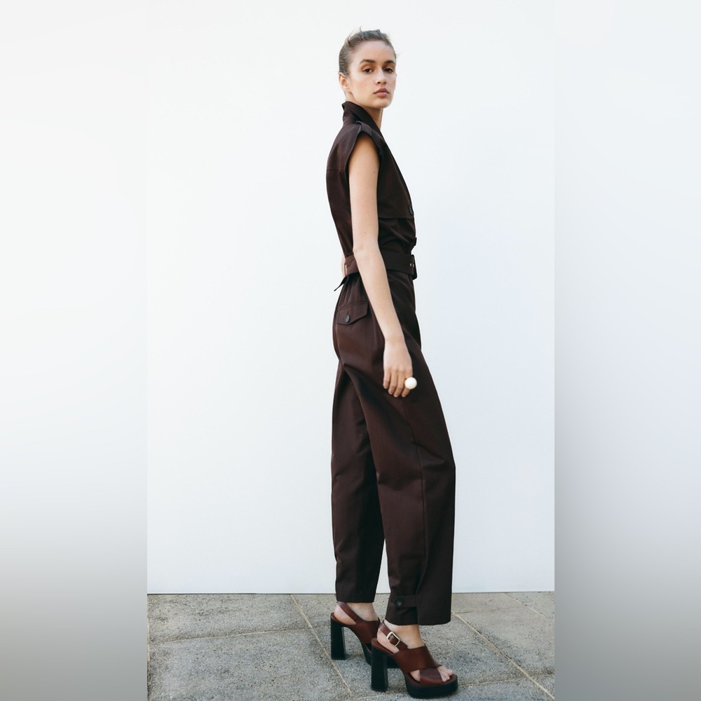 ZARA Brown Sleeveless Jumpsuit with belt - utility styling pockets - Large - Picture 7 of 11